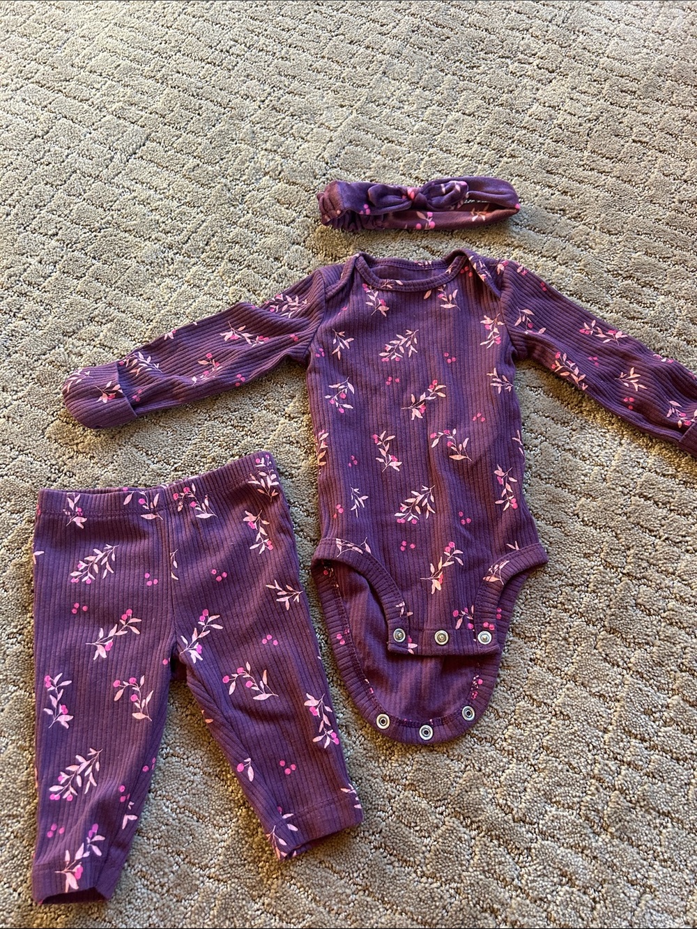 Carter's Purple Floral Ribbed 3-Piece Baby Matching Set